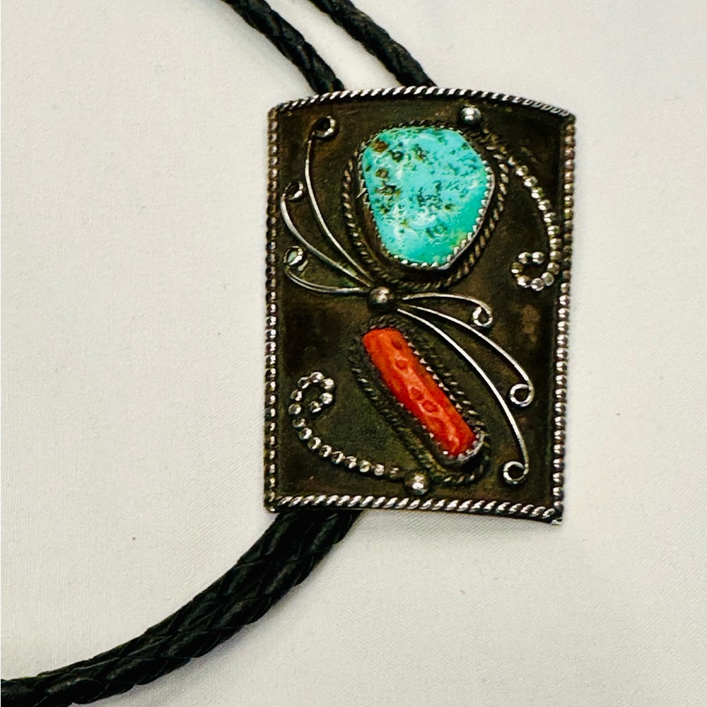 Vintage Sterling Silver Turquoise & Red Coral Bolo Tie